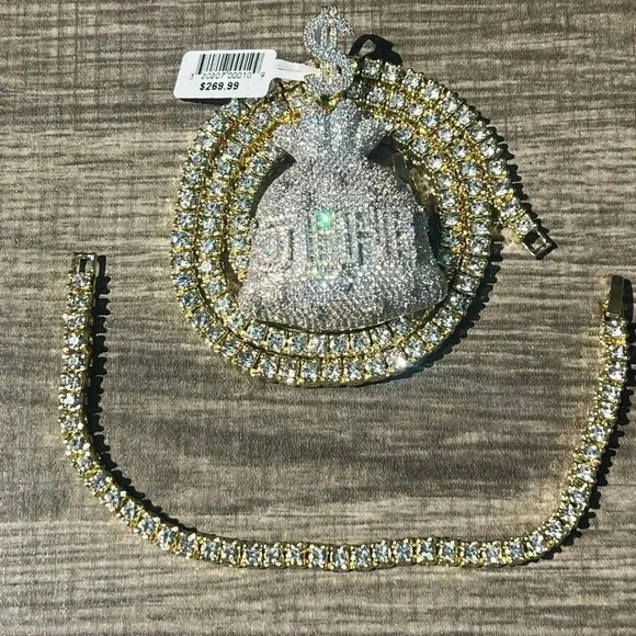 Tennis Necklace/ Bracelet Set with “JEFE” (BOSS) Pendant - Picture 1 of 3